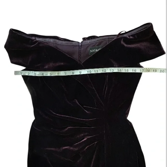 Xscape Velvet Burgundy Off the shoulder Evening maxi Dress Gown with side slit - Picture 7 of 13